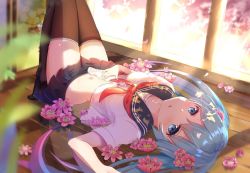 Rule 34 | 1girl, arm up, black sailor collar, black skirt, black thighhighs, blue eyes, blue hair, blurry, blurry foreground, blush, breasts, collarbone, depth of field, flower, gradient hair, hair between eyes, hatsune miku, long hair, looking at viewer, lying, mobu (wddtfy61), multicolored hair, neckerchief, no shoes, on back, parted lips, pink flower, pink hair, pleated skirt, red neckerchief, reflection, reflective floor, sailor collar, school uniform, serafuku, shirt, sidelocks, skirt, small breasts, solo, thighhighs, twintails, very long hair, vocaloid, white shirt, wooden floor