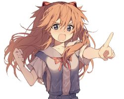 Rule 34 | 1girl, blue eyes, blush, brown hair, commentary request, deep (deep4946), hair between eyes, hands up, highres, index finger raised, interface headset, long hair, looking at viewer, neck ribbon, neon genesis evangelion, open mouth, pointing, pointing at viewer, red ribbon, ribbon, shirt, short sleeves, simple background, solo, souryuu asuka langley, uniform, white background, white shirt