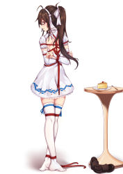 Rule 34 | 1girl, ahoge, arms behind back, back cutout, bad id, bad pixiv id, black-framed eyewear, blue ribbon, bound, bound ankles, bound arms, bound legs, bow, brown footwear, brown hair, cake, cake slice, cherry, clothing cutout, commentary request, crossed ankles, detached collar, dress, food, frilled sleeves, frills, from behind, fruit, full body, glasses, hairband, high ponytail, lace, lace-trimmed dress, lace trim, long hair, looking at viewer, looking back, parted lips, plate, red eyes, ribbon, semi-rimless eyewear, shibari, shibari over clothes, shoes, unworn shoes, sidelocks, simple background, skindentation, smile, solo, spoon, standing, table, thigh strap, thighhighs, tied up, under-rim eyewear, white background, white bow, white dress, white hairband, yiduan zhu, zettai ryouiki