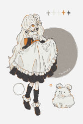 Rule 34 | 1girl, 99 yen (tsubura), artist name, bare shoulders, black footwear, breasts, color guide, detached sleeves, diamond (shape), dress, earrings, hair ornament, hair over one eye, highres, jewelry, long hair, maid, orange eyes, original, pale skin, simple background, skirt hold, small breasts, very long hair, wavy hair, white background, white dress, white hair