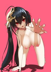 Rule 34 | 1girl, :d, absurdres, alternate costume, azur lane, bad id, bad pixiv id, barefoot, black hair, blush, breasts, cleavage, hair between eyes, highres, large breasts, looking at viewer, mask, mask on head, nipples, nude, ofudou, open mouth, pink background, red eyes, simple background, smile, solo, taihou (azur lane), twintails
