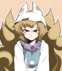 Rule 34 | 1girl, about to cry, anger vein, animal hat, ankoro (eguretto), beige background, black eyes, blonde hair, brooch, fox tail, hat, hat with ears, jewelry, looking at viewer, mob cap, multiple tails, mob cap, pursed lips, serious, short hair, simple background, solo, tabard, tail, tearing up, tears, touhou, upper body, yakumo ran