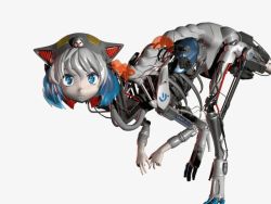 Rule 34 | 3d, :|, animal ears, animated, animated gif, artist name, blue eyes, blue hair, cable, cat ears, closed mouth, commentary request, cyborg, digitigrade, emblem, expressionless, looking at viewer, mecha, mecha musume, mechanical arms, mechanical legs, mechanical parts, multicolored hair, no humans, okapi, original, raptor, red hair, red light, reverse-jointed legs, robot, short hair, single mechanical arm, solo, tail, ugoira, walking, what, white background, white hair