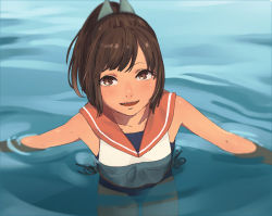 Rule 34 | 10s, 1girl, blurry, brown eyes, brown hair, commentary, depth of field, hair ribbon, i-401 (kancolle), in water, kantai collection, open mouth, outdoors, partially submerged, ponytail, ribbon, sailor collar, school swimsuit, school uniform, solo, swimsuit, swimsuit under clothes, water, youmak