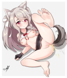 Rule 34 | 1girl, absurdres, animal ear fluff, animal ears, anus, arm support, asymmetrical hair, azur lane, bare legs, barefoot, black gloves, black skirt, boppin, bow, braid, breasts, cleft of venus, closed mouth, clothes lift, commentary, cropped shirt, dog ears, dog girl, dog tail, feet, fingerless gloves, full body, gloves, grey hair, hair ribbon, highres, large breasts, leg up, long hair, looking at viewer, lying, miniskirt, navel, nipples, no panties, on side, paw print, pee, peeing, peeing like a dog, pink eyes, pleated skirt, pussy, red bow, ribbon, shirt, shirt bow, shirt lift, side braid, single braid, single sidelock, skirt, sleeveless, sleeveless shirt, soles, solo, spread legs, tail, toes, uncensored, white ribbon, white shirt, yuudachi (azur lane)