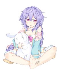 Rule 34 | 1girl, :o, bare shoulders, barefoot, blush, bow, bowtie, braid, breasts, butterfly sitting, choker, cleavage, feet, full body, hair ribbon, highres, holding, holding stuffed toy, kami jigen game neptune v, light purple hair, long hair, looking at viewer, neptune (series), oyat, pink eyes, pururut, ribbon, simple background, sitting, small breasts, soles, solo, stuffed animal, stuffed rabbit, stuffed toy, toes, white background, white choker
