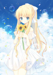 Rule 34 | 1girl, absurdres, air (visual novel), aiyan, alternate costume, bare shoulders, blonde hair, blue eyes, blue sky, blurry, blush, bow, closed mouth, cloud, colored eyelashes, commentary request, cowboy shot, day, depth of field, dress, eyelashes, eyes visible through hair, fingernails, flower, frilled dress, frills, hair between eyes, hair bow, hair intakes, highres, holding, holding flower, interlocked fingers, kamio misuzu, long hair, looking at viewer, outdoors, own hands together, ponytail, sidelocks, sky, smile, soap bubbles, solo, standing, straight-on, sundress, sunflower, very long hair, white bow, white dress, wind, wind lift