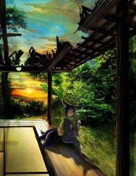 Rule 34 | 1girl, animal ears, black hair, black kimono, black nails, black sclera, blush, closed mouth, cloud, cloudy sky, colored sclera, commentary request, doitsuken, ear down, fingernails, forest, fox ears, fox tail, from side, grey eyes, highres, japanese clothes, kimono, kitsune spirit (doitsuken), long sleeves, looking at viewer, looking to the side, multiple tails, nail polish, nature, obi, original, outdoors, ruins, sash, scenery, sitting, sky, smile, solo, sunset, tail, tatami, tree