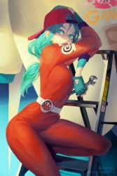 Rule 34 | 1girl, backwards hat, blue eyes, blue hair, bulma, dragon ball, english text, fingerless gloves, gloves, hair between eyes, hat, jumpsuit, ladder, long hair, low-tied long hair, mioree, orange jumpsuit, red hat, solo, wrench