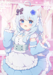 Rule 34 | 1girl, :d, ahoge, animal ear fluff, animal ear piercing, animal ears, black bow, blue dress, blue eyes, blue hair, blue sleeves, blurry, blurry background, blush, bow, cat ears, cat girl, cat tail, cleavage cutout, clothing cutout, commission, depth of field, detached sleeves, dress, fang, flat chest, hair bow, hands up, highres, indoors, long hair, long sleeves, low twintails, open mouth, original, skeb commission, skin fang, smile, solo, tail, twintails, tyakomes, variant set