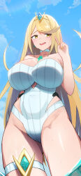 1girl absurdres blonde_hair blue_sky breasts choker cloud cloudy_sky core_crystal_(xenoblade) curvy embarrassed hair_ornament highres large_breasts long_hair looking_to_the_side mythra_(xenoblade) one-piece_swimsuit oruru63100814 outdoors sidelocks sky solo swept_bangs swimsuit thigh_strap thighs upper_body v water wet white_choker white_one-piece_swimsuit xenoblade_chronicles_(series) xenoblade_chronicles_2 yellow_eyes