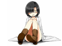 Rule 34 | 1girl, ankle boots, black hair, blush, boots, bottomless, cigarette, hair over one eye, kamata yuuya, lab coat, long sleeves, looking at viewer, naked labcoat, original, shoe soles, short hair, simple background, sleeves past wrists, smoking, solo, white background, yellow eyes