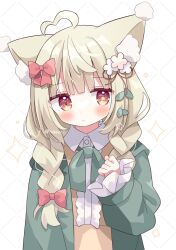 Rule 34 | 1girl, ahoge, animal ear fluff, animal ears, blush, bow, brown dress, center frills, clenched hand, closed mouth, collared dress, commentary request, commission, dress, flower, frills, green bow, green jacket, hair bow, hair flower, hair ornament, hand up, heart, heart ahoge, highres, jacket, long sleeves, nakkar, open clothes, open jacket, original, puffy long sleeves, puffy sleeves, red bow, skeb commission, sleeves past wrists, solo, star (symbol), upper body, white background, white flower