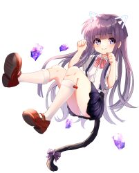 Rule 34 | absurdres, animal ears, black skirt, blue eyes, blunt bangs, blunt ends, blush, bow, brown footwear, cat ears, cat tail, closed mouth, commentary request, crystal, drawn ears, floating hair, foreshortening, full body, furude rika, hands up, happy, highres, higurashi no naku koro ni, kneehighs, knees up, long hair, looking at viewer, mary janes, miniskirt, mizuno374, panties, panty peek, partial commentary, paw pose, pink bow, pleated skirt, purple bow, purple hair, shirt, shoes, short sleeves, sidelocks, simple background, sitting, skirt, smile, socks, suspender skirt, suspenders, tail, tail bow, tail ornament, tareme, thighs, underwear, very long hair, white background, white panties, white shirt, white socks