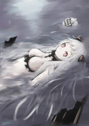 Rule 34 | 10s, 1girl, abyssal ship, afloat, airfield princess, bad id, bad pixiv id, expressionless, gradient background, highres, horns, kantai collection, long hair, looking at viewer, pale skin, partially submerged, red eyes, senaya eru, very long hair, white hair
