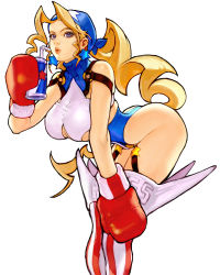 Rule 34 | 1girl, absurdres, ass, bare shoulders, blonde hair, blue eyes, boxing gloves, breasts, can, cleavage, drinking straw, earrings, highres, holding, holding can, jewelry, justice gakuen, kim sung hwan, large breasts, long hair, o-ring, parted lips, purple eyes, simple background, solo, star (symbol), star earrings, striped clothes, striped thighhighs, thighhighs, tiffany lords, vertical-striped clothes, vertical-striped thighhighs, white background