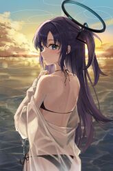 Rule 34 | 1girl, absurdres, back, bikini, black bikini, blue archive, blue eyes, chie (user snfh8333), commentary, halo, highres, jacket, long hair, looking at viewer, looking back, ocean, off shoulder, parted bangs, purple hair, solo, sunset, swimsuit, two side up, yuuka (blue archive)