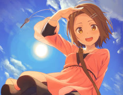 Rule 34 | 1girl, :d, ahoge, bad id, bad pixiv id, black skirt, blouse, blue sky, blush, breasts, brown hair, cloud, cloudy sky, day, female focus, from below, hair ornament, hairclip, hairpin, hand up, happy, key, key necklace, kinta (distortion), looking at viewer, medium breasts, necklace, open mouth, original, outdoors, pink shirt, shirt, short hair, skirt, sky, sleeves past elbows, smile, solo, sun, teeth, upper body, yellow eyes