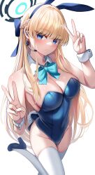 Rule 34 | 1girl, animal ears, bare shoulders, blonde hair, blue archive, blue bow, blue eyes, blue hairband, blue leotard, bow, bowtie, braid, breasts, cleavage, closed mouth, detached collar, double v, earpiece, expressionless, fake animal ears, french braid, groin, hairband, halo, hands up, high heels, highleg, highleg leotard, highres, leotard, long hair, medium breasts, microphone, nano (syoutamho), official alternate costume, official alternate hairstyle, playboy bunny, rabbit ears, rabbit tail, revision, solo, standing, standing on one leg, tail, thighhighs, thighs, toki (blue archive), toki (bunny) (blue archive), v, very long hair, white thighhighs, wrist cuffs