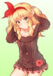 Rule 34 | 10s, 1girl, absurdres, arms up, bare shoulders, blonde hair, blush, bow, brown sweater, collarbone, commentary request, flower, flower ornament, frills, gradient background, green background, green eyes, hairband, highres, holding, holding hair, idolmaster, idolmaster cinderella girls, keffiy, looking at viewer, off shoulder, red bow, rose, sakurai momoka, sidelocks, smile, solo, sweater, thighs, twintails, wavy hair