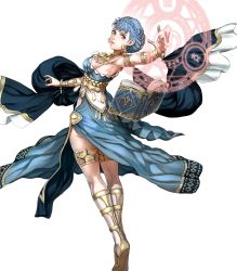 Rule 34 | 1girl, armlet, armpits, ass, bare shoulders, blue dress, blue hair, book, bracelet, braid, breasts, brown eyes, crests (fire emblem), crown braid, dancer, dancer (fire emblem: three houses), dress, earrings, female focus, fire emblem, fire emblem: three houses, fire emblem heroes, highres, jewelry, kusakihara toshiyuki, looking at viewer, magic circle, marianne von edmund, medium breasts, nintendo, official alternate costume, official art, short hair, sideboob, solo, thighlet, thighs, transparent background, twisted torso