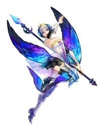Rule 34 | 1girl, armor, bad id, bad pixiv id, bare shoulders, blunt bangs, breasts, cleavage, dress, feathers, from side, gwendolyn (odin sphere), highres, kazari tayu, leg wings, low wings, medium breasts, multicolored wings, odin sphere, open mouth, polearm, pteruges, purple eyes, silver hair, simple background, solo, strapless, strapless dress, teeth, thighhighs, tiara, valkyrie, vambraces, weapon, white background, wings