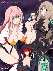 Rule 34 | 001 (darling in the franxx), 10s, 1boy, 5girls, antispiral nia, antispiral nia (cosplay), ass, bikini, bikini top only, black bodysuit, black hair, blue eyes, blue hair, blue jacket, blue skin, blunt bangs, blush, bodysuit, boots, breasts, cape, cleavage, colored skin, commentary request, cosplay, creator connection, crossed arms, darling in the franxx, fang, glasses, green eyes, hair ornament, hairband, highres, hiro (darling in the franxx), holding hands, horns, hug, ichigo (darling in the franxx), ikuno (darling in the franxx), jacket, kokoro (darling in the franxx), large breasts, light blue hair, light brown hair, long hair, looking at viewer, looking back, mask, multiple girls, navel, nia teppelin, night, night sky, niwatori kokezou, nude, oni horns, open clothes, open jacket, parody, pink hair, ponytail, purple eyes, purple hair, red horns, scar, scar on face, short hair, signature, simon, simon (cosplay), simon (ttgl), sky, space yoko, star (sky), star (symbol), swimsuit, tengen toppa gurren lagann, thick eyebrows, thigh boots, thighhighs, thighs, white cape, white hairband, white legwear, yoko littner, yoko littner (cosplay), yuri, zero two (darling in the franxx)