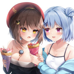 Rule 34 | 2girls, bare shoulders, blue jacket, blush, bob cut, breasts, brown hair, camisole, cleavage, collaboration, collarbone, cream, crepe, eyes visible through hair, eyeshadow, food, fruit, grey eyeshadow, grey hair, hair bun, hair ornament, hairclip, hand grab, hat, hinoka (allen), holding, holding food, jacket, jewelry, long sleeves, looking at another, looking at object, makeup, medium breasts, medium hair, multiple girls, necklace, off shoulder, open mouth, original, pendant, purple eyes, sharing food, short hair, simple background, single side bun, small breasts, spaghetti strap, star (symbol), strapless, strawberry, umou (may65879), upper body, white background, white camisole, x hair ornament, yellow eyes