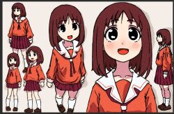 Rule 34 | 1girl, :d, aged down, aged up, azumanga daioh&#039;s school uniform, azumanga daiou, beachepisode, black border, black eyes, black neckerchief, blush, border, breasts, brown footwear, brown hair, commentary, english commentary, film grain, from side, full body, jacket, kasuga ayumu, kneehighs, loafers, looking at another, looking at viewer, looking up, medium hair, multiple views, neckerchief, nose blush, open mouth, pink shirt, pleated skirt, red jacket, red skirt, sailor collar, school uniform, serafuku, shirt, shoes, short hair, skirt, small breasts, smile, socks, sparkling eyes, white background, white sailor collar, white socks
