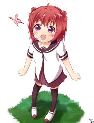 Rule 34 | 1girl, absurdres, ahoge, akaza akari, black thighhighs, blush, bug, butterfly, clenched hands, double bun, full body, grass, hair bun, highres, insect, looking up, nanamori school uniform, open mouth, outstretched arms, purple eyes, red hair, school uniform, short hair, simple background, smile, thighhighs, user zmhd3373, yuru yuri