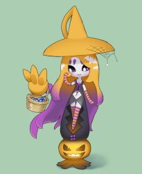 Rule 34 | 1girl, animal print, basket, bat print, black sclera, blonde hair, blue eyes, blush, bodice, bright pupils, colored sclera, creatures (company), elbow gloves, game freak, gen 8 pokemon, gloves, green background, halloween, halloween costume, hat, hatterene, jack-o&#039;-lantern, long hair, looking to the side, multicolored hair, nintendo, no humans, pokemon, purple hair, rare candy, silk, smile, solo, spider web, striped clothes, striped gloves, striped thighhighs, tentacle hair, thighhighs, tosx, two-tone hair, witch hat