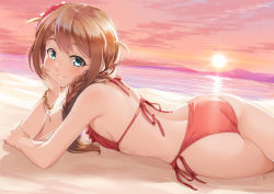 Rule 34 | 1girl, aqua eyes, ass, baba konomi, back, beach, bikini, blush, bracelet, braid, breasts, brown hair, closed mouth, cloud, evening, flower, from side, hair flower, hair ornament, hair over shoulder, halterneck, hand on own cheek, hand on own face, hibiscus, horizon, idolmaster, idolmaster million live!, jewelry, lens flare, long hair, looking at viewer, looking to the side, lying, miri (ago550421), ocean, on ground, on stomach, pink sky, red bikini, red flower, red ribbon, ribbon, side-tie bikini bottom, sideboob, single braid, sky, small breasts, smile, solo, string bikini, sun, sunlight, sunset, swimsuit, two side up, water