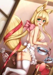 Rule 34 | 1girl, animal ear fluff, animal ears, apron, ass, blonde hair, blush, bow, bowl, box, breasts, check commentary, chocolate, commentary request, eyes visible through hair, fox ears, fox tail, green eyes, hair between eyes, hair bow, heart-shaped box, highres, himeka chiyako, indoors, large breasts, long hair, looking at viewer, low twintails, minaha (playjoe2005), naked apron, original, pink bow, red ribbon, ribbon, sideboob, solo, spoon, tail, thighhighs, twintails, valentine, white apron, white thighhighs