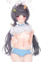 Rule 34 | 1girl, 3:, absurdres, animal ears, black hair, blue archive, blunt bangs, blush, breasts, buruma, clothes lift, commentary request, fake animal ears, flying sweatdrops, gym shirt, highres, leaf, leaf on head, long hair, looking at viewer, low twintails, medium breasts, miyu (blue archive), navel, official alternate costume, rabbit ears, red eyes, shirt, short sleeves, sidelocks, simple background, solo, soradally, stomach, tearing up, twintails, underboob, white background