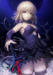 Rule 34 | 1girl, artoria pendragon (fate), bad id, bad pixiv id, blonde hair, breasts, dark persona, detached sleeves, dress, excalibur morgan (fate), fate/grand order, fate/stay night, fate (series), hisahisahisahisa, medium breasts, night, night sky, revision, saber alter, sky, solo, sword, thighhighs, weapon, yellow eyes