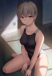 Rule 34 | 1girl, barefoot, black one-piece swimsuit, breasts, brown eyes, collarbone, commentary request, competition swimsuit, grey hair, grey one-piece swimsuit, hashi, looking at viewer, medium breasts, one-piece swimsuit, original, paid reward available, short hair, sitting, solo, swimsuit, tomboy, two-tone swimsuit, wariza
