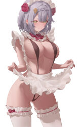Rule 34 | 1girl, apron, apron lift, black one-piece swimsuit, black slingshot swimsuit, braid, braided bangs, breasts, cleavage, clothes lift, cowboy shot, flower, genshin impact, green eyes, grey hair, hair flower, hair ornament, highres, large breasts, maid, maid headdress, metatarou, noelle (genshin impact), one-piece swimsuit, red flower, rose, slingshot swimsuit, solo, swimsuit, thighhighs, white apron, white background, white thighhighs