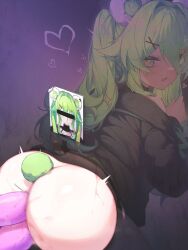 Rule 34 | 1girl, anal, animal ears, black shirt, character request, copyright request, double penetration, from behind, glory wall, green hair, heart, heart-shaped pupils, highres, kupa (jesterwii), long hair, long sleeves, looking at viewer, looking back, photo (object), shirt, stuck, symbol-shaped pupils, tail, through wall, vaginal, virtual youtuber