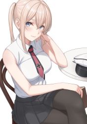 Rule 34 | 1girl, adapted costume, bad id, bad twitter id, blonde hair, blue eyes, blue skirt, blush, book, breasts, chair, crossed legs, graf zeppelin (kancolle), hair between eyes, hand on own cheek, hand on own face, hand on own leg, hat, unworn hat, unworn headwear, holding, holding book, kantai collection, large breasts, long hair, looking at viewer, nananichi, open book, pantyhose, peaked cap, pleated skirt, reading, red neckwear, shirt, sidelocks, simple background, skirt, sleeveless, sleeveless shirt, smile, solo, table, twintails, upper body, white background, white shirt