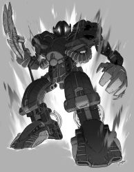 Rule 34 | absurdres, bionicle, glowing, glowing eyes, grey background, greyscale, highres, holding, holding weapon, humanoid robot, jeetdoh, looking down, makuta, monochrome, no humans, non-humanoid robot, open hands, robot, staff, teridax, the lego group, weapon, white eyes
