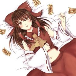 Rule 34 | 1girl, ascot, bad id, bad pixiv id, bow, brown eyes, brown hair, detached sleeves, from above, hair bow, hair tubes, hakurei reimu, japanese clothes, kagami-th07, lying, midriff, miko, navel, on back, open mouth, ribbon-trimmed sleeves, ribbon trim, shikura (natsuspica), solo, touhou, wide sleeves