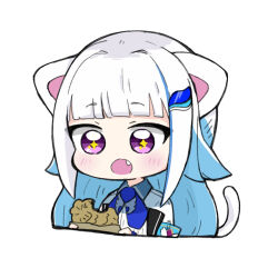 Rule 34 | + +, 1girl, :o, animal ears, armband, blue hair, blush, cat ears, cat girl, cat tail, commentary request, cropped torso, fang, food, hair intakes, hair ornament, hairclip, holding, holding food, jacket, kemonomimi mode, lize helesta, multicolored hair, nijisanji, nozo (hitomiz), open mouth, purple eyes, safety pin, sidelocks, simple background, solo, tail, taiyaki, two-tone hair, upper body, virtual youtuber, wagashi, white background, white hair, white jacket