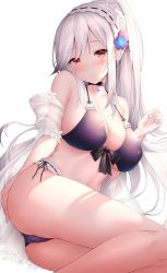 Rule 34 | 1girl, azur lane, bikini, blue butterfly, blush, braid, breasts, bug, butterfly, butterfly hair ornament, choker, cleavage, crown braid, dunkerque (azur lane), dunkerque (summer sucre) (azur lane), flower, front-tie bikini top, front-tie top, grey hair, hair ornament, highres, insect, large breasts, long hair, looking at viewer, navel, oyuwari, ponytail, purple bikini, red eyes, sidelocks, simple background, sitting, solo, swimsuit, white background