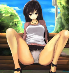 Rule 34 | 1girl, bad id, bad nicoseiga id, bench, black footwear, black hair, black skirt, blouse, blue sky, breasts, brown hair, cafe au lait (kafeore), cardigan, closed mouth, cloud, cloudy sky, cowboy shot, day, exhibitionism, female pervert, grey panties, high heels, highres, jewelry, legs, light smile, long hair, looking at viewer, medium breasts, miniskirt, necklace, open cardigan, open clothes, original, outdoors, panties, pantyshot, park bench, pervert, public indecency, shirt, shoes, sitting, skirt, sky, solo, spread legs, thighs, underwear, upskirt, white shirt