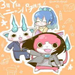 Rule 34 | 1girl, black hair, blue hair, blush, book, cat, chair, cosplay, desk, closed eyes, fang, food, formal, fubukihime, ice cream, ice cream cone, jibanyan, kinpachi sensei, kinpachi sensei (cosplay), komasan, long hair, multicolored hair, multiple tails, necktie, notched ear, open mouth, orange background, parody, pencil, ponytail, sakamoto kinpachi, sakamoto kinpachi (cosplay), sannen b-gumi kinpachi sensei, set square, smile, soft serve, star (symbol), suit, tail, twitter username, two-tone hair, two tails, umi (srtm07), traditional youkai, youkai watch