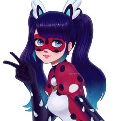 Rule 34 | 1girl, blue eyes, blue hair, bodysuit, earrings, gongonsrr, head wings, highres, jewelry, marinette dupain-cheng, miraculous ladybug, pennybug (character), red bodysuit, red mask, simple background, smile, solo, superhero costume, twintails, v, white background, wings