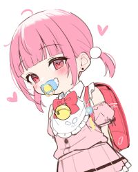 Rule 34 | 1girl, absurdres, ahoge, backpack, bag, bare shoulders, bell, blush, bow, collared shirt, commentary, detached sleeves, dress shirt, dutch angle, earrings, frilled skirt, frills, heart, highres, jewelry, jingle bell, looking at viewer, neck bell, original, pacifier, pink hair, pink shirt, pink skirt, pink sleeves, pleated skirt, puffy short sleeves, puffy sleeves, randoseru, red bow, red eyes, shirt, short sleeves, simple background, skirt, sleeveless, sleeveless shirt, solo, stud earrings, tsukiman, twintails, white background