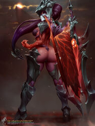 Rule 34 | 1girl, aatrox, armored boots, ass, boots, breasts, closed mouth, colored skin, demon girl, demon wings, from behind, gauntlets, glowing, glowing eyes, helmet, highres, holding, holding sword, holding weapon, large breasts, league of legends, long hair, multicolored skin, outdoors, purple hair, red eyes, red hair, red skin, shiny skin, solo, sunset, sword, themaestronoob, watermark, weapon, web address, wings