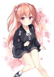 Rule 34 | 1girl, :o, black dress, black footwear, black jacket, blush, bow, breasts, brown hair, collarbone, collared dress, commentary request, dress, fingernails, floral background, flower, hair between eyes, hair bow, highres, jacket, long hair, long sleeves, mimura zaja, nail polish, open clothes, open jacket, original, parted lips, pink nails, puffy long sleeves, puffy sleeves, red eyes, red flower, shoes, sitting, sleeves past wrists, small breasts, sneakers, socks, solo, two side up, very long hair, white background, white bow, white socks