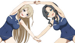 Rule 34 | 2girls, armpits, bare shoulders, black hair, blonde hair, breasts, collarbone, covered navel, drill hair, forehead, gluteal fold, grey eyes, highres, large breasts, leaning to the side, long hair, looking at viewer, miroku renge, miroku yumiko, multiple girls, old school swimsuit, one-piece swimsuit, one side up, open mouth, parted bangs, school swimsuit, sidelocks, simple background, smile, stretching, swimsuit, user tmwx3385, very long hair, wavy hair, yuuki yuuna wa yuusha de aru, yuuki yuuna wa yuusha de aru: hanayui no kirameki, yuusha de aru